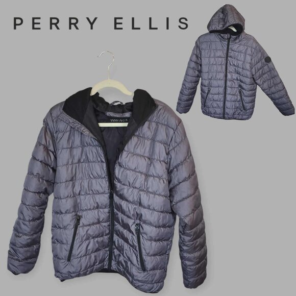Perry Ellis Portfolio  Winter Quilted Bubble Puffer  Hooded Jacket Mens Medium - Picture 1 of 16